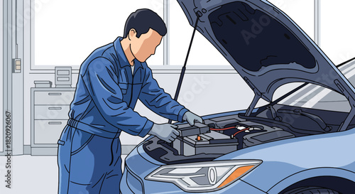 Mechanic installing new car battery inside modern garage. Ideal for maintenance ads, automotive service content, repair shop visuals, and mechanic illustrations