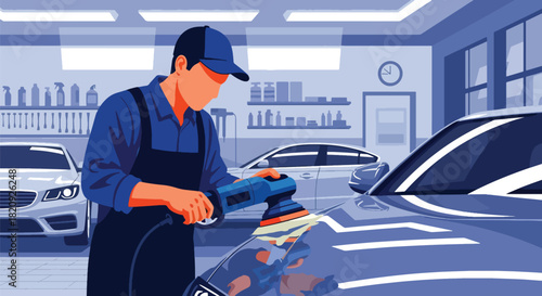 Detailing worker polishing car exterior for shine and finish quality. Ideal for auto cleaning ads, detailing services, car wash marketing, and automotive care visuals