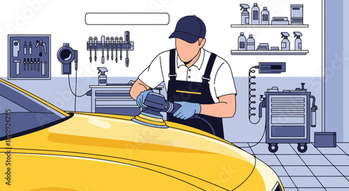 Detailing worker polishing car exterior for shine and finish quality. Ideal for auto cleaning ads, detailing services, car wash marketing, and automotive care visuals