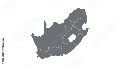 A detailed political map of South Africa, illustrating the country's provinces in a solid grey vector format isolated on a white background