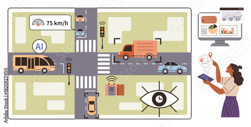 Smart city intersection with AI monitoring cars, buses, trucks, and pedestrians via sensors, cameras, and screens. Ideal for transport, tech, urban planning safety AI innovation simple flat