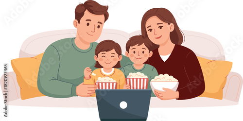 Family movie night, laptop viewing, popcorn bowls, cozy couch, yellow cushions, smiling faces, leisure time, bonding, togetherness, home entertainment