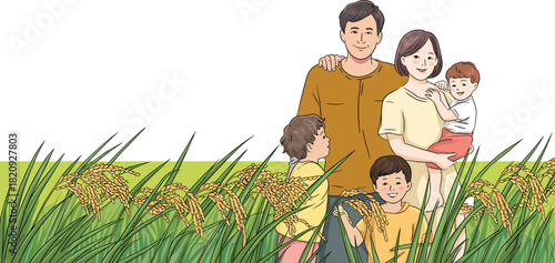 Family in rice field, bonding in nature, rural life, golden harvest, holding child, smiling together, outdoor love, tradition, peace, growth