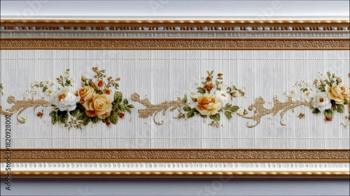 A decorative wallpaper border featuring a repeating pattern of yellow and white roses, green leaves, and gold scrollwork on a textured white background. The bor