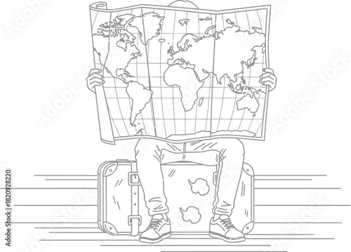 Traveler planning a global adventure using a map while sitting on luggage ready for journey