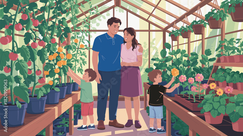 Family, greenhouse, gardening, plants, children, nature, tomatoes, flowers, sunlight, bonding, eco-friendly, lifestyle, happy, potted, organic, parenting, growth, indoor, sustainability, togetherness