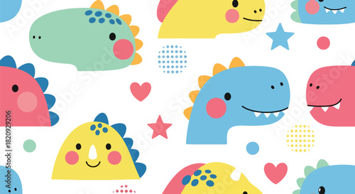 Repeating kawaii dinosaur heads with stars, hearts, and geometric dots. Ideal for children’s designs, stationery, textiles, and fun modern patterns