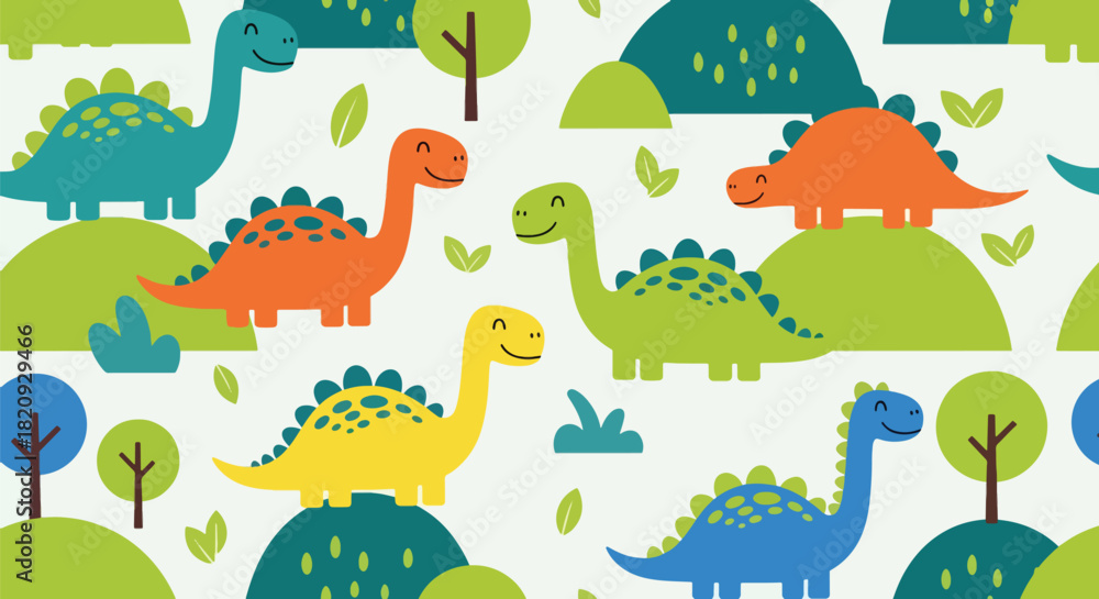 Naklejka premium Seamless forest pattern featuring friendly dinosaurs walking among plants and leaves. Ideal for kids’ textiles, prints, wallpapers, and educational designs