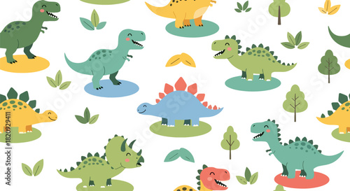 Seamless forest pattern featuring friendly dinosaurs walking among plants and leaves. Ideal for kids’ textiles, prints, wallpapers, and educational designs