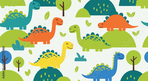 Seamless forest pattern featuring friendly dinosaurs walking among plants and leaves. Ideal for kids’ textiles, prints, wallpapers, and educational designs