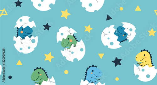 Seamless pattern of baby dinosaurs hatching from eggs with stars and small decorative shapes. Ideal for nursery prints, kids’ fabrics, and playful backgrounds