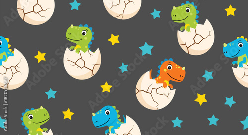 Seamless pattern of baby dinosaurs hatching from eggs with stars and small decorative shapes. Ideal for nursery prints, kids’ fabrics, and playful backgrounds