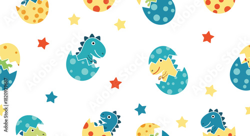 Seamless pattern of baby dinosaurs hatching from eggs with stars and small decorative shapes. Ideal for nursery prints, kids’ fabrics, and playful backgrounds