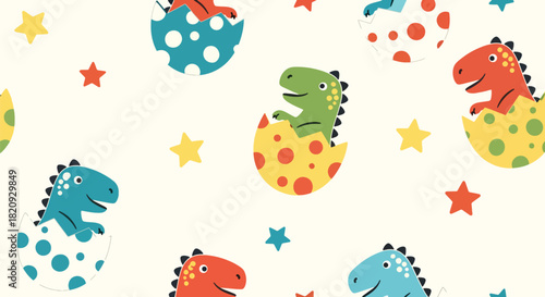 Seamless pattern of baby dinosaurs hatching from eggs with stars and small decorative shapes. Ideal for nursery prints, kids’ fabrics, and playful backgrounds
