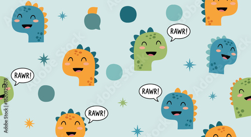 Seamless vector pattern of kawaii dinosaur faces with tiny speech bubbles and stars. Ideal for children’s stationery, wallpapers, and themed packaging