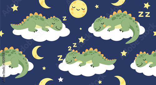 Calming seamless pattern of sleepy dinosaurs resting on clouds with stars and moons. Ideal for nursery decorations, pajamas, baby prints, and soft children’s themes