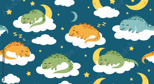 Calming seamless pattern of sleepy dinosaurs resting on clouds with stars and moons. Ideal for nursery decorations, pajamas, baby prints, and soft children’s themes