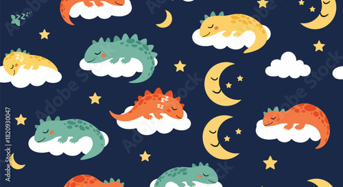 Calming seamless pattern of sleepy dinosaurs resting on clouds with stars and moons. Ideal for nursery decorations, pajamas, baby prints, and soft children’s themes