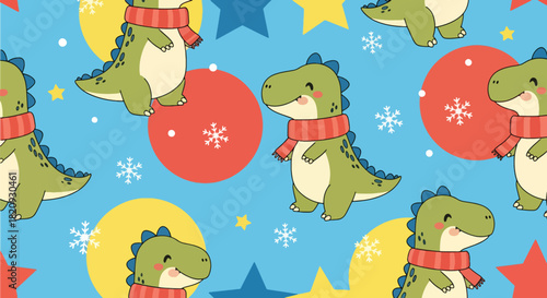 Seamless winter pattern featuring cute baby dinosaurs wearing scarves with snowflakes. Ideal for seasonal kids’ products, fabrics, and winter-themed decorations