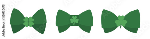 St.Patrick's Day Green Shamrock Party Bow Tie Flat Vector Illustration Set.
St. Patrick's  Cosplay Party.
White Background.