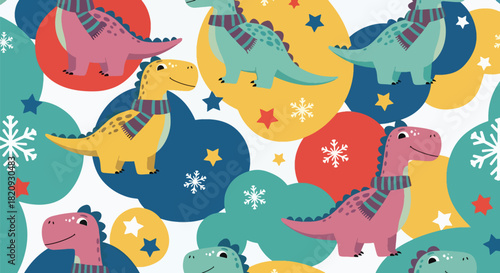 Seamless winter pattern featuring cute baby dinosaurs wearing scarves with snowflakes. Ideal for seasonal kids’ products, fabrics, and winter-themed decorations