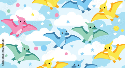 Repeating pattern of adorable flying pterosaurs among clouds and stars. Ideal for kids’ wallpapers, fabrics, and dreamy prehistoric-sky themes