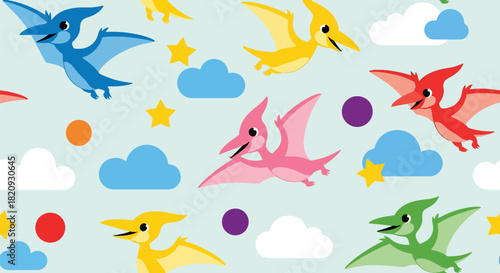 Repeating pattern of adorable flying pterosaurs among clouds and stars. Ideal for kids’ wallpapers, fabrics, and dreamy prehistoric-sky themes