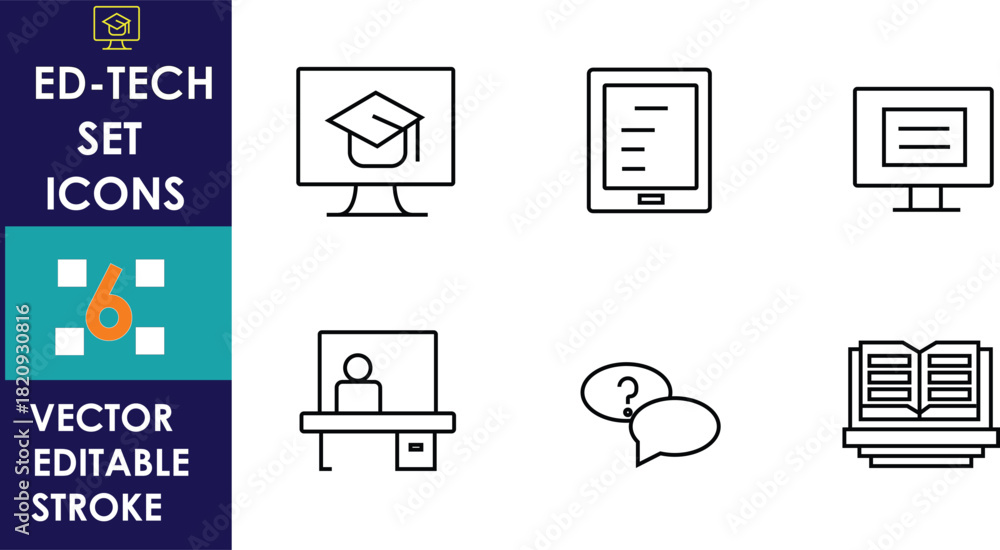 Obraz premium Minimal line-style ed-tech icon set featuring online learning symbols, digital books, e-classroom elements, communication bubbles, and education tools, presented in clean vector editable stroke format