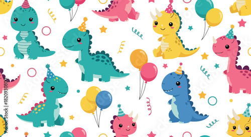 Festive seamless pattern featuring cute dinosaurs wearing party hats with confetti. Ideal for birthday designs, party goods, kids’ textiles, and celebratory themes