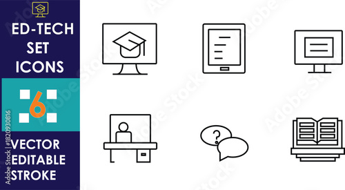 Minimal line-style ed-tech icon set featuring online learning symbols, digital books, e-classroom elements, communication bubbles, and education tools, presented in clean vector editable stroke format