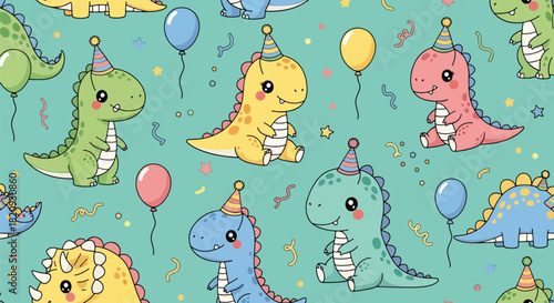Festive seamless pattern featuring cute dinosaurs wearing party hats with confetti. Ideal for birthday designs, party goods, kids’ textiles, and celebratory themes