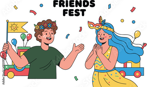 Friends Fest celebration, cheerful gathering, festive costumes, flower crown, decorative mask, balloons, confetti, parade float, joyful mood, friendship event