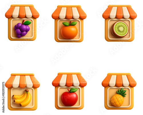 3D Fruit Shop Icons Set – Grapes, Orange, Kiwi, Bananas, Apple, Pineapple Store Illustrations