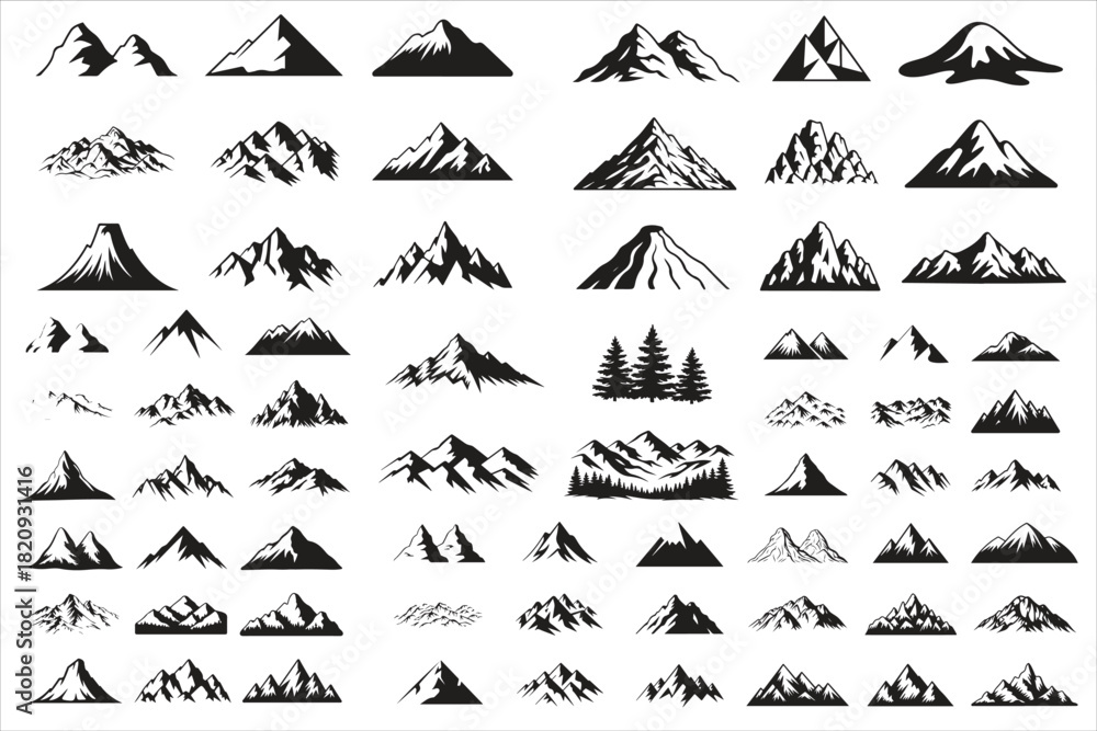 Naklejka premium A bold and minimalistic mountain landscape silhouette featuring layered peaks, pine trees, and natural scenic elements