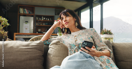 Cuadro en lienzo Think, relax or woman with phone in couch, online conversation reflection or ponder message for chat