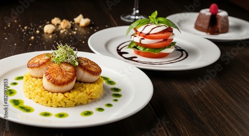 Wallpaper Mural Exquisite Gourmet Dishes Including Seared Scallops Caprese Salad And Chocolate Lava Cake On Dark Wood Tabletop Showcasing Fine Dining And Culinary Artistry Torontodigital.ca