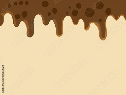 Melted chocolate dripping on white. Brown cocoa blend with milk tones. Smooth liquid drip texture.