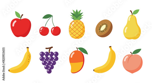 Colorful assortment of fresh fruit illustrations on a white background