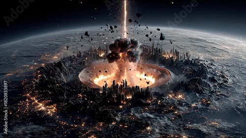 Dramatic visual of a planet in space being hit by a celestial body