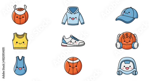 Collection of cartoonish sportswear and equipment icons for various uses