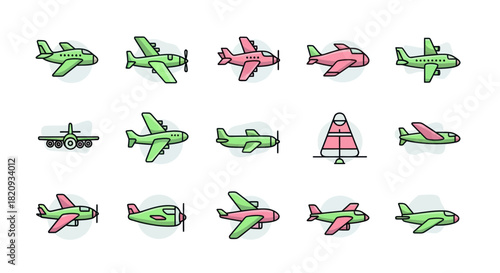 Collection of colorful airplane icons for transportation and design elements