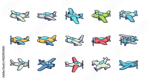 Collection of colorful airplane illustrations for design and commercial use