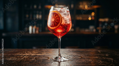 Refreshing Spritz Cocktail with Blood Orange and Ice on Wooden Table