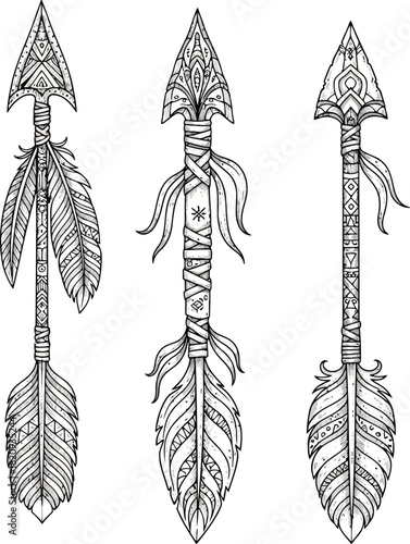 Bohemian style tribal arrows with feather fletching and detailed ornamentation
