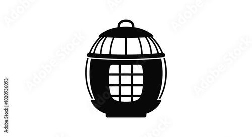 Vintage hanging lantern silhouette with decorative cage design black and white silhouette