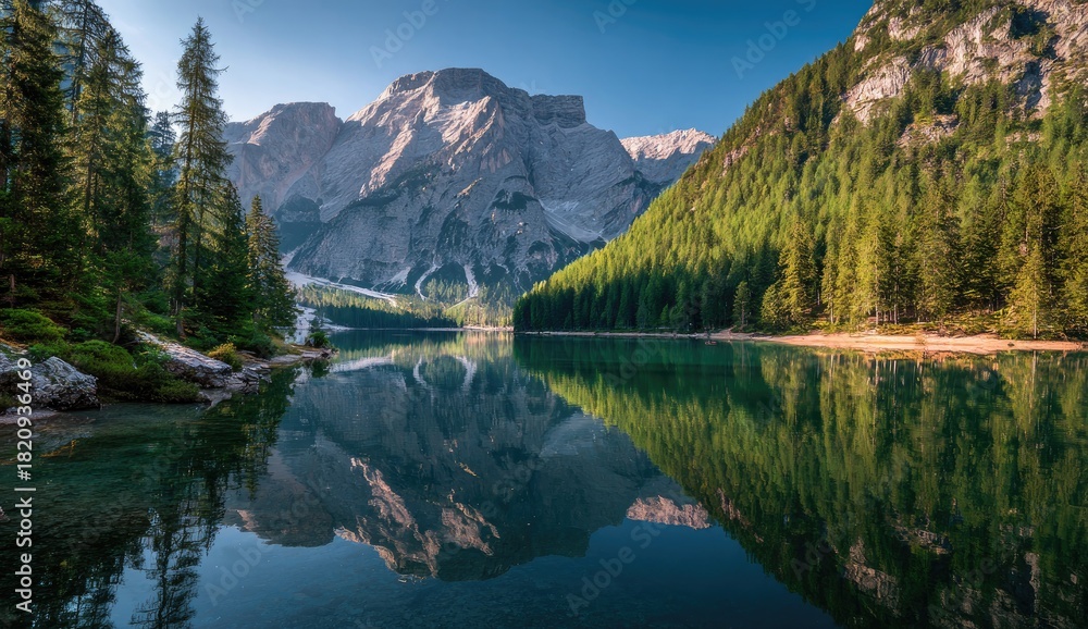 Obraz premium Serene mountain lake reflects towering peaks and lush pine forests under a blue sky