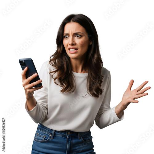 Disgusted woman with angry, confused expression looking at smartphone, gesturing in frustration, isolated on transparent background, png