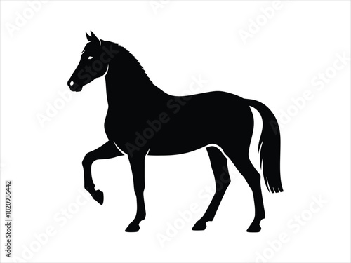 A majestic black silhouette of a graceful trotting horse isolated on a white background