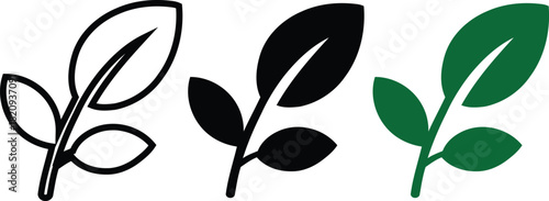 Three Leaf Icons in Outline, Black, and Green plant , leaf, plant, nature, icon, symbol, green, outline, black,