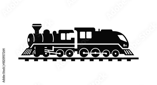 Vintage steam train engine on tracks illustration in black silhouette
